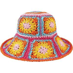 Multicolor Floral Crochet Straw Sun Hat Foldable Wide Brim HIPPIE  BRAND NEW